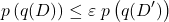 \[p\left(q(D)\right) \leq \varepsilon \; p\left(q(D')\right)\]